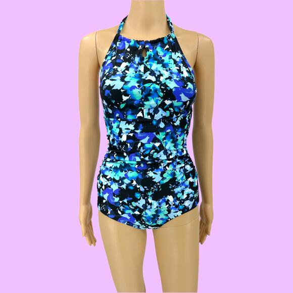 Speedo SMALL Blue Floral Halter Neck One Piece Swimsuit Swimwear Bathing Suit - Picture 1 of 9